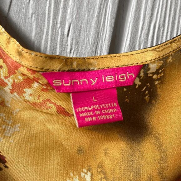 Sunny Leigh Ruffle Blouse Gold Multicolor Painterly Print Size L - Picture 2 of 4